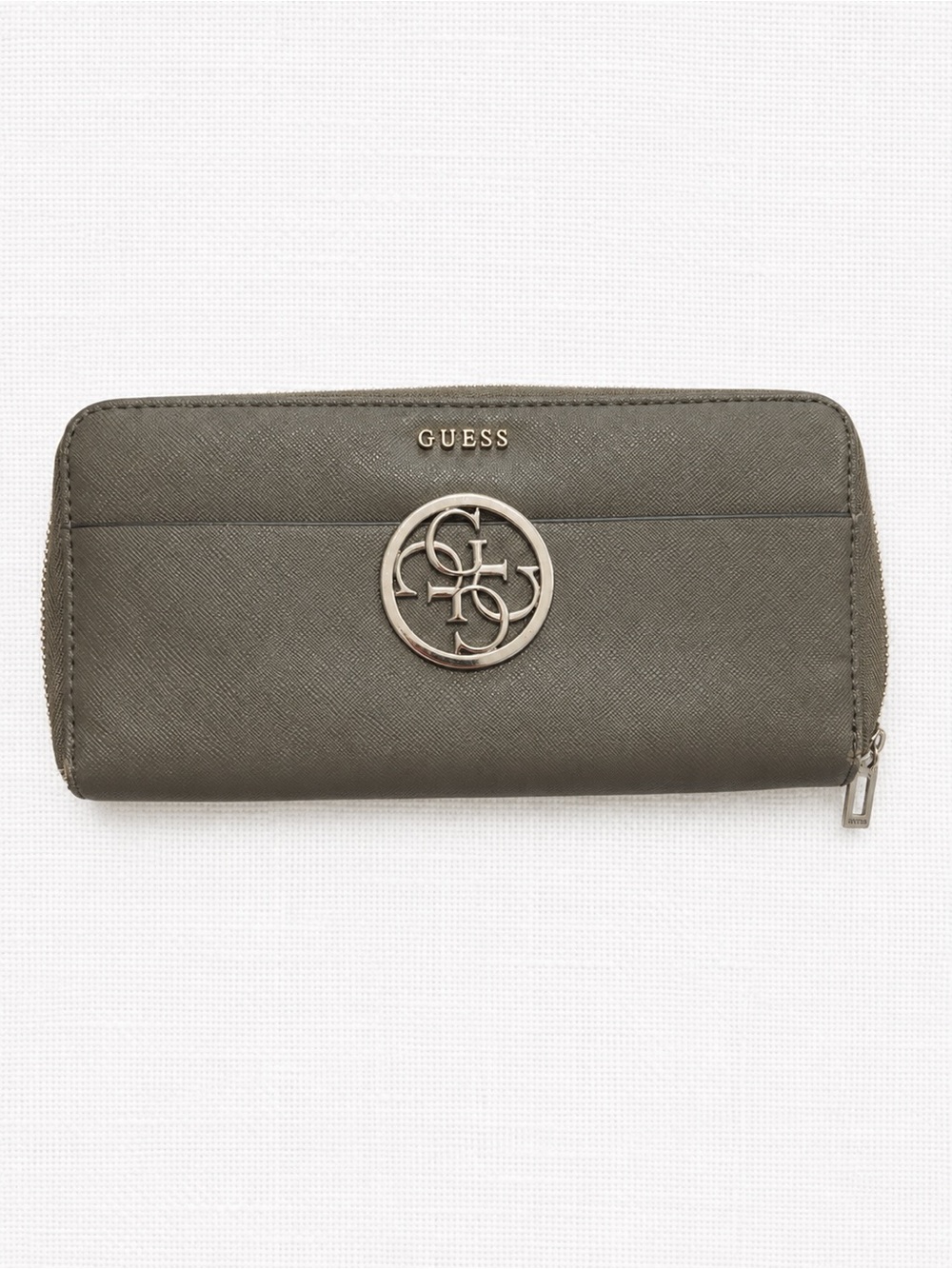 GUESS Grey Green Saffiano Zip Wallet with Logo Emblem